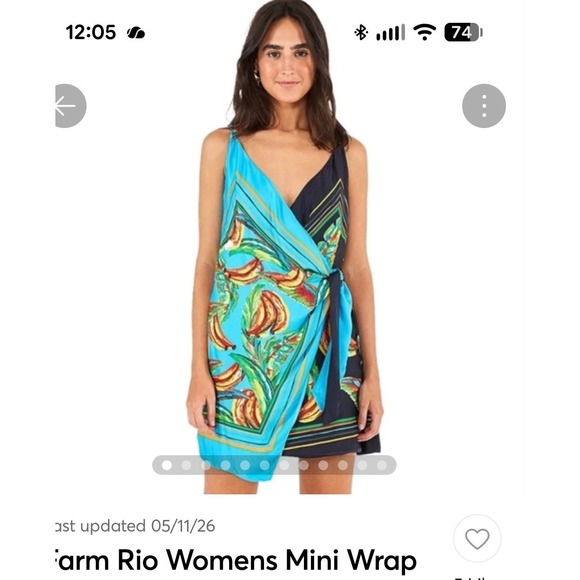 FARM Rio Dresses & Skirts - Farm Rio Womens Tropical Banana Print Mini Wrap Dress Blue Black Scarf Print